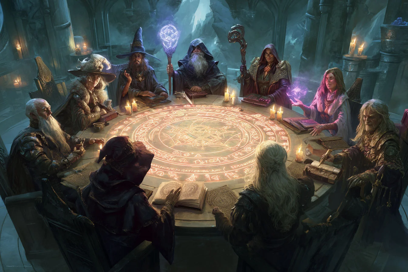 Fantasy artwork, Imagine eight powerful wizards--four men and four women--gathered in a grand, arcane chamber carved into the roots of a crystal-studded mountain. At the center of the stone room rests a massive round table, its surface etched with ancient runes and glowing ley lines, pulsing softly with arcane power. Floating candles and magical orbs illuminate the chamber in hues of violet and blue. Each wizard, clad in robes reflecting their school of magic, holds an artifact symbolizing their mastery: a staff crowned with a burning star, a tome bound in celestial skin, an orb of mirrored void, and blades woven from frost and flame. One elder conjures spectral images above the table, while a younger mage gestures with a wand made from phoenix bone. The air crackles with tension and focus--this is no council of mere scholars, but a conclave of world-shaping power, convened to alter the fate of realms. Behind them, magical glyphs shimmer on towering bookshelves and protective wards swirl across the stone walls. Each wizardâ€™s face glows with determination and mystery, ready to shape destiny. Fantasy setting. --ar 3:2 --iw 2 --v 7 Job ID: 2f88fdda-6c73-493f-b279-43a7134b0163
